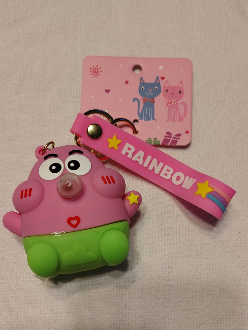 Rainbow Pink & Green Cute Character Keychain with Strap